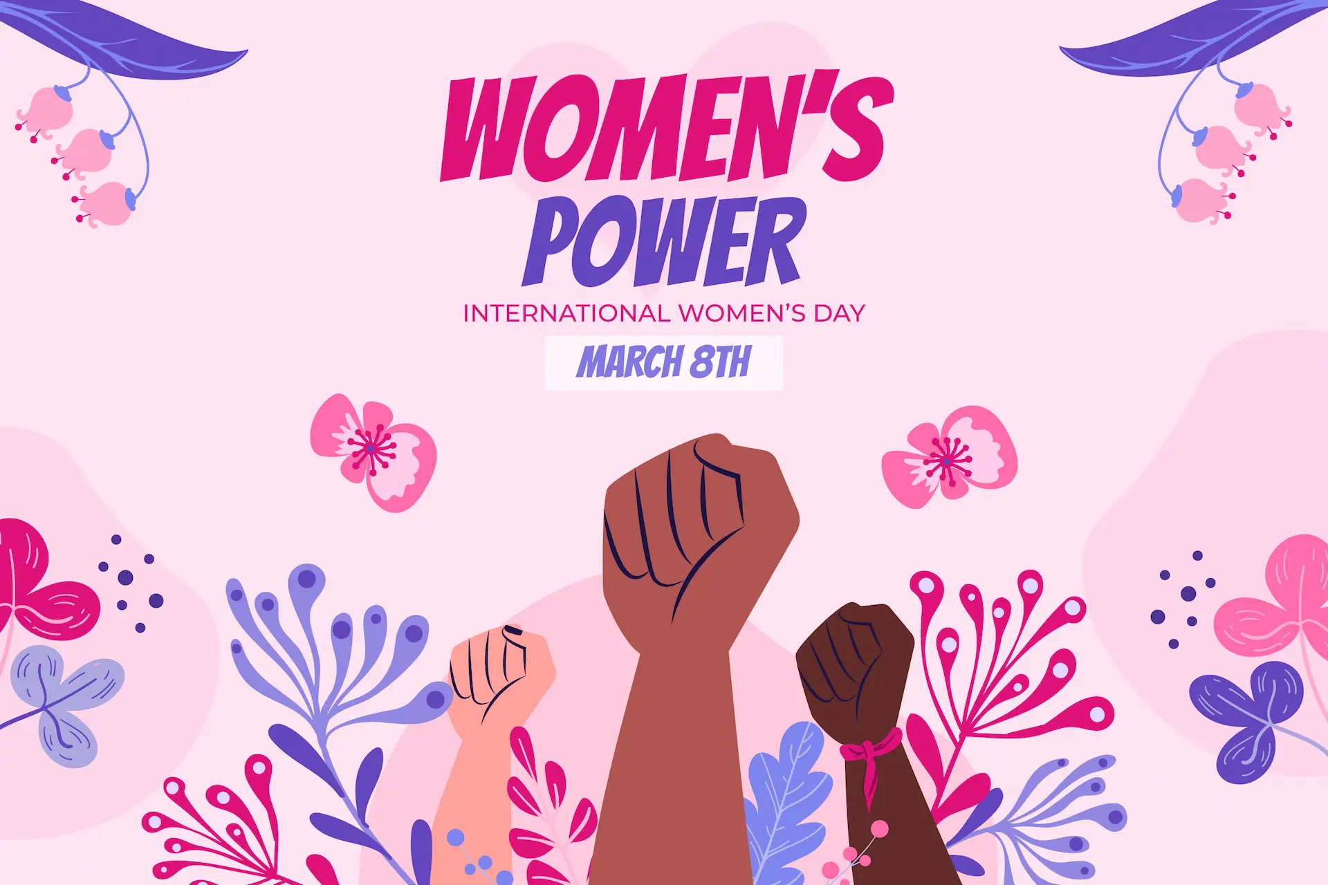 Illustration of raised fists celebrating International Women’s Day, symbolizing women empowerment and Gaia in Love’s commitment to supporting gender equality and breaking societal barriers.