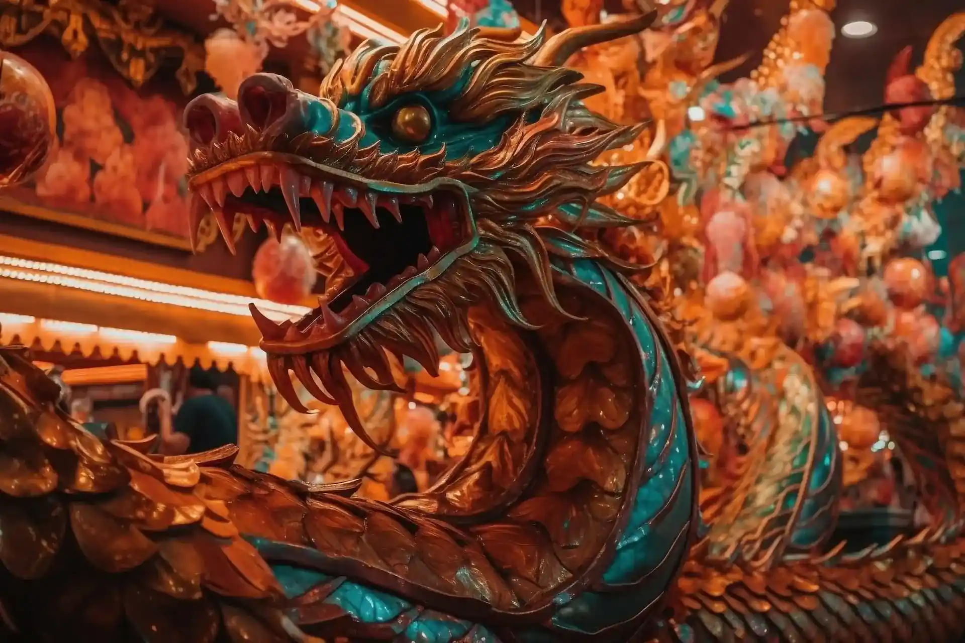 A multi-colored dragon statue reflecting Chinese culture and spirituality, highlighting Gaia in Love's journey to innovate sex toys and embrace tradition in 2024.