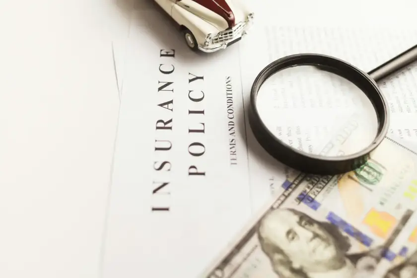 A magnifying glass, a toy car, and a $100 bill on an insurance policy document, symbolizing Gaia in Love's commitment to adhering to global adult toy safety regulations and quality standards.