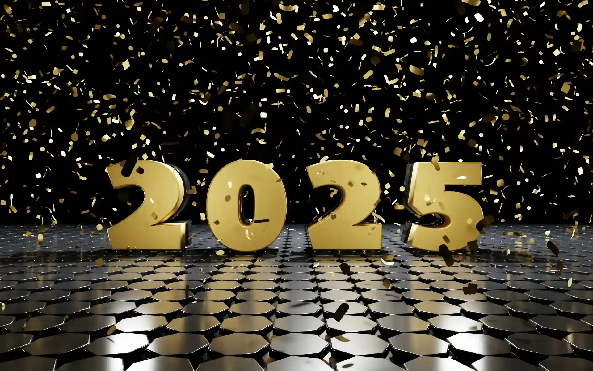 Golden 2025 text with confetti celebration background, symbolizing a festive Happy New Year celebration.