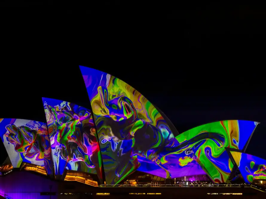 Sydney Opera House illuminated with vibrant lights, symbolizing Australia couples sex toys market and innovations by Gaia in Love.