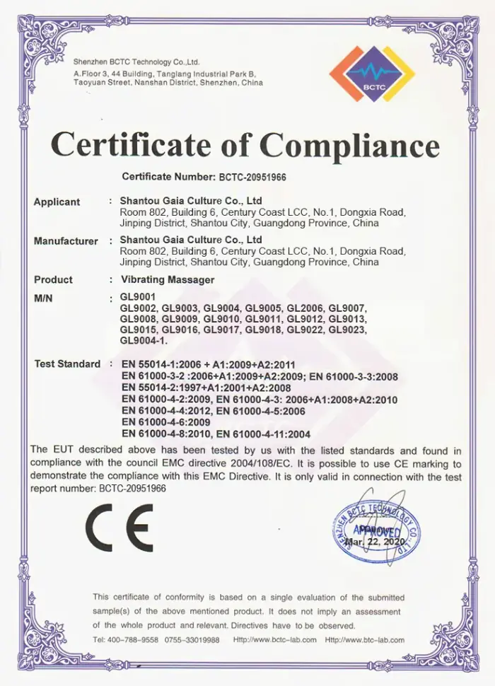 CE certification ensuring Gaia in Love's adult toys for women and adult toys for women meet international safety standards.