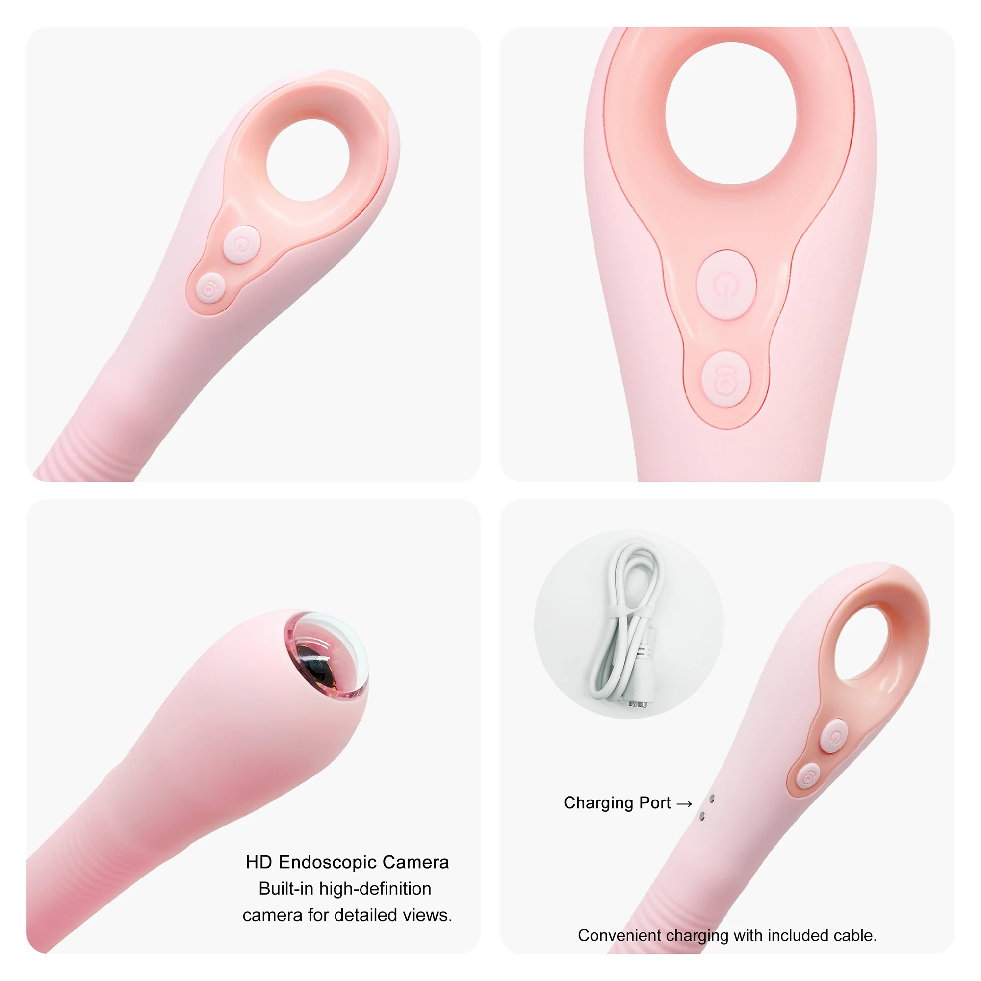 Close-up of Luxe Insight Lite Endoscopic Vibrator showing its HD camera and magic wand rechargeable features.