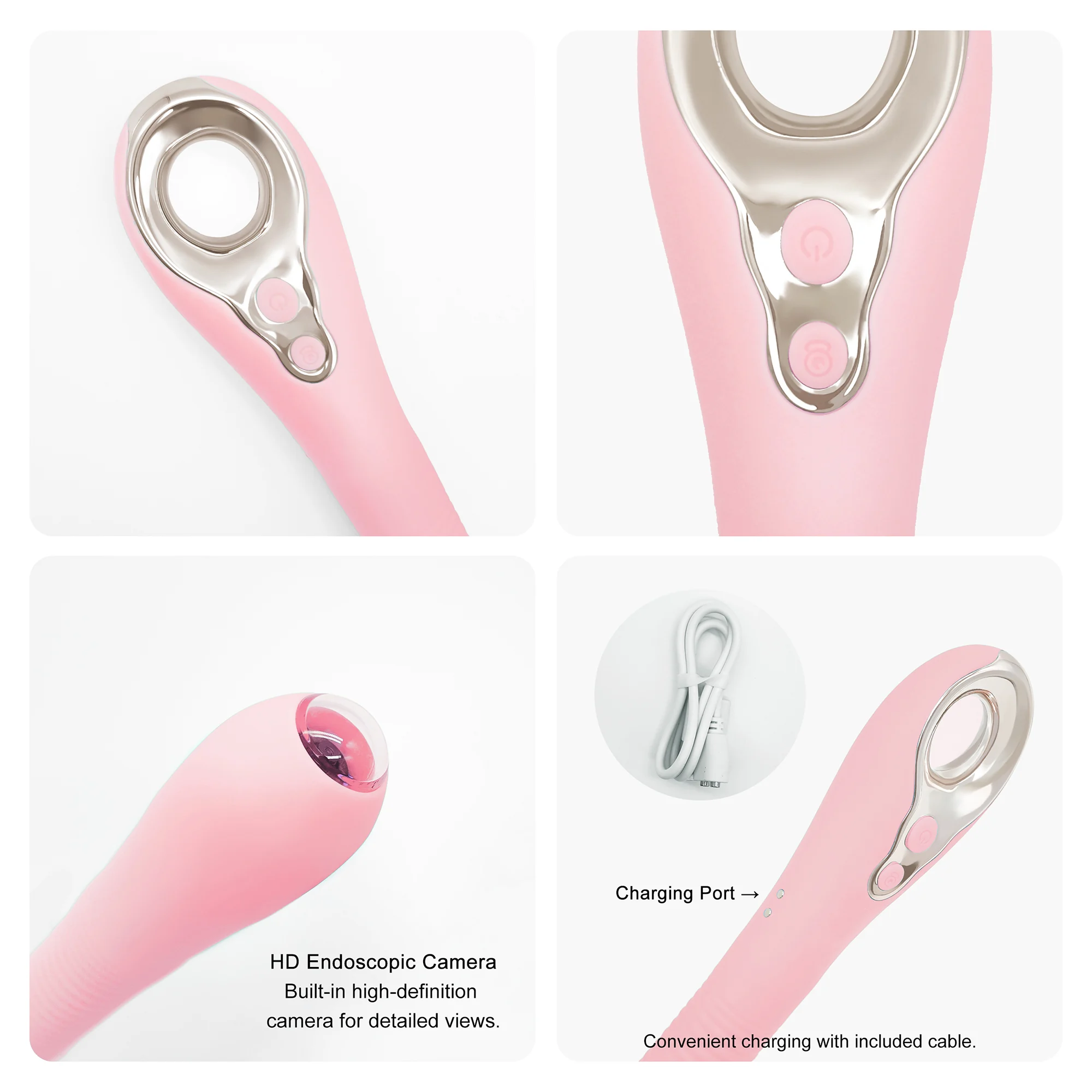 Luxe Insight Pro Rose Quartz with HD endoscopic camera, waterproof design, and convenient USB charging port for modern users.
