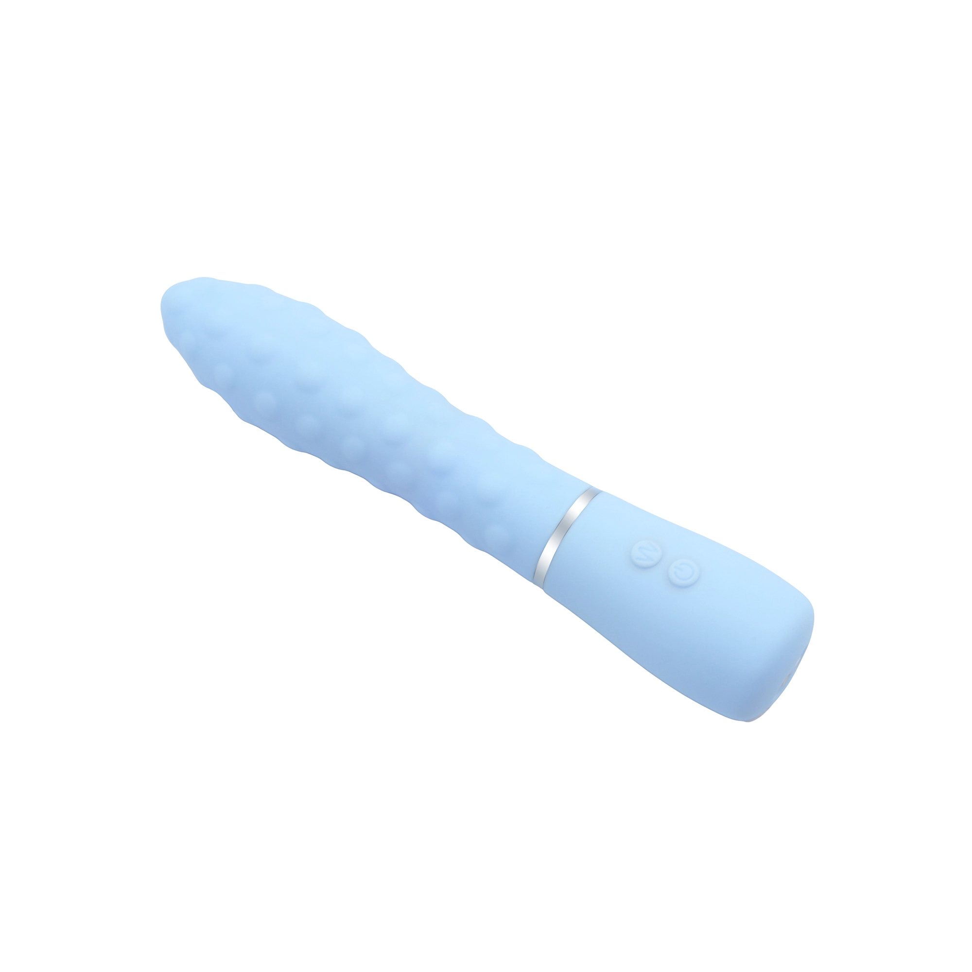 Luxe Nubby Bliss Vibrator - Sky Blue laying down, highlighting its ergonomic design and textured surface. Adult toy designed by Gaia in Love.