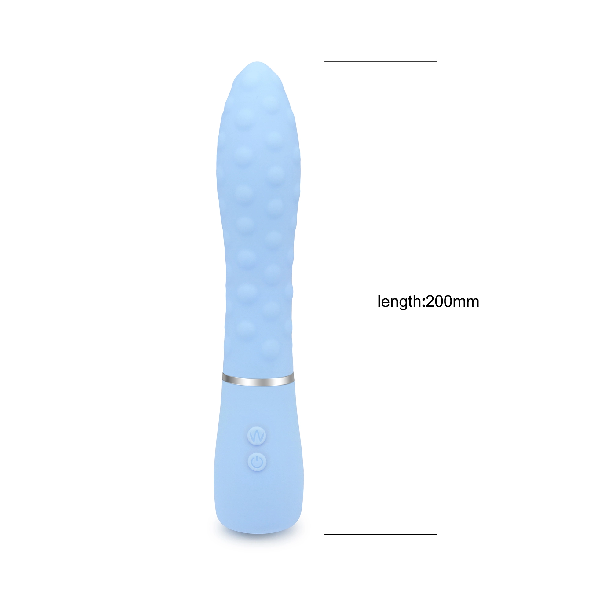 Luxe Nubby Bliss Vibrator - Sky Blue with dimensions, 200mm length. Ideal couples vibrater for sensual experiences by Gaia in Love.