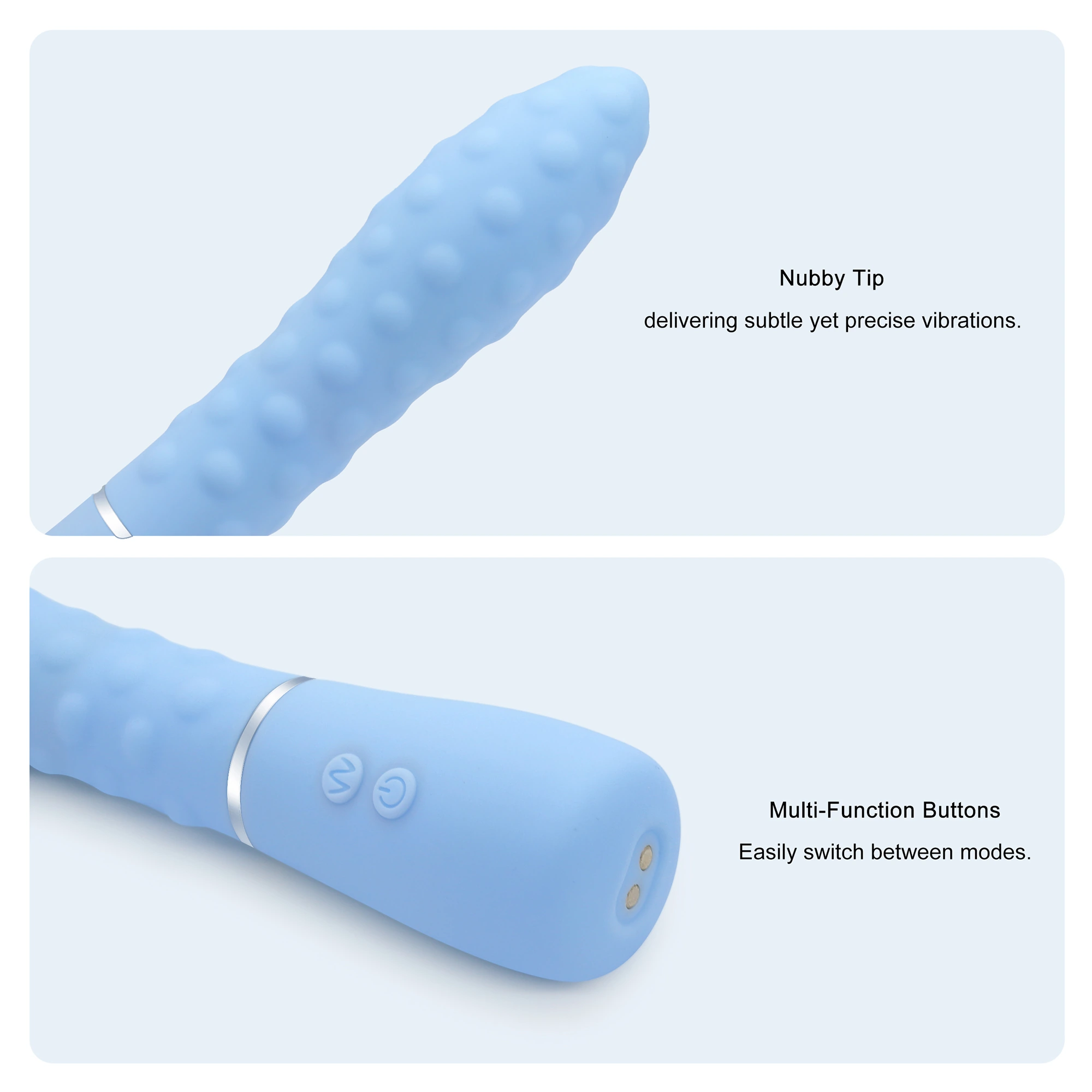 Luxe Nubby Bliss Vibrator - Sky Blue close-up of nubby tip and multi-function buttons. The ultimate sex gadget for women by Gaia in Love.
