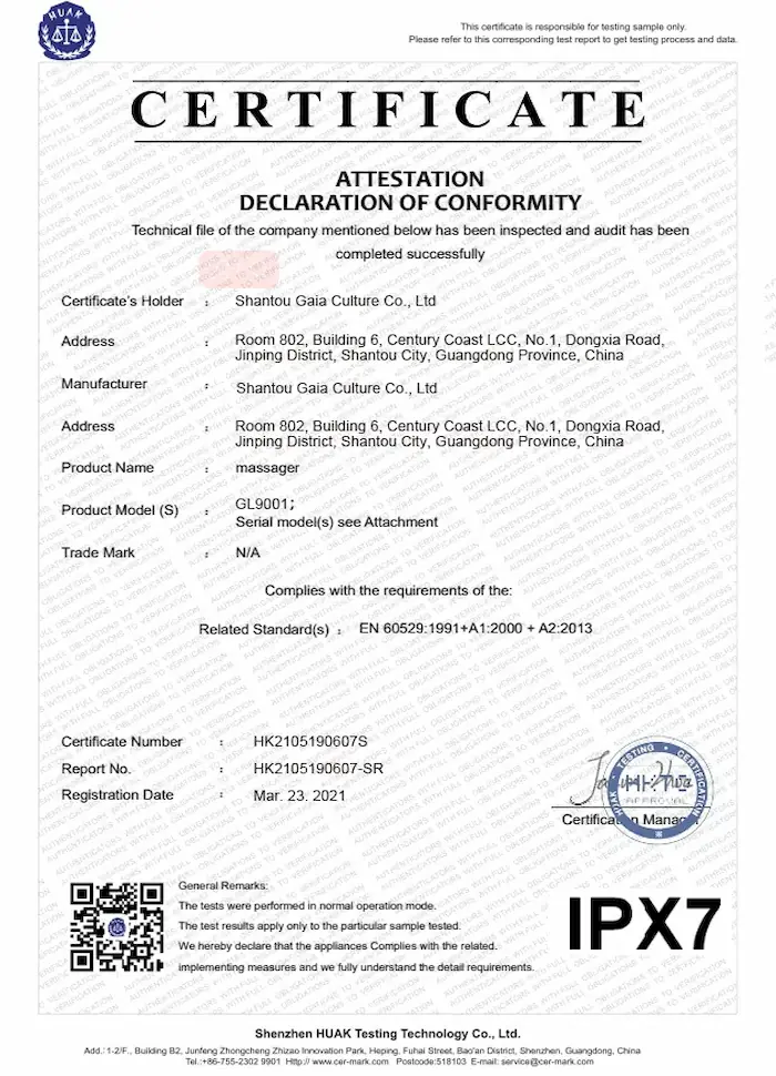 IPX7 certification proving Gaia in Love adult toys and vibrator for female and vibrating toys are waterproof.