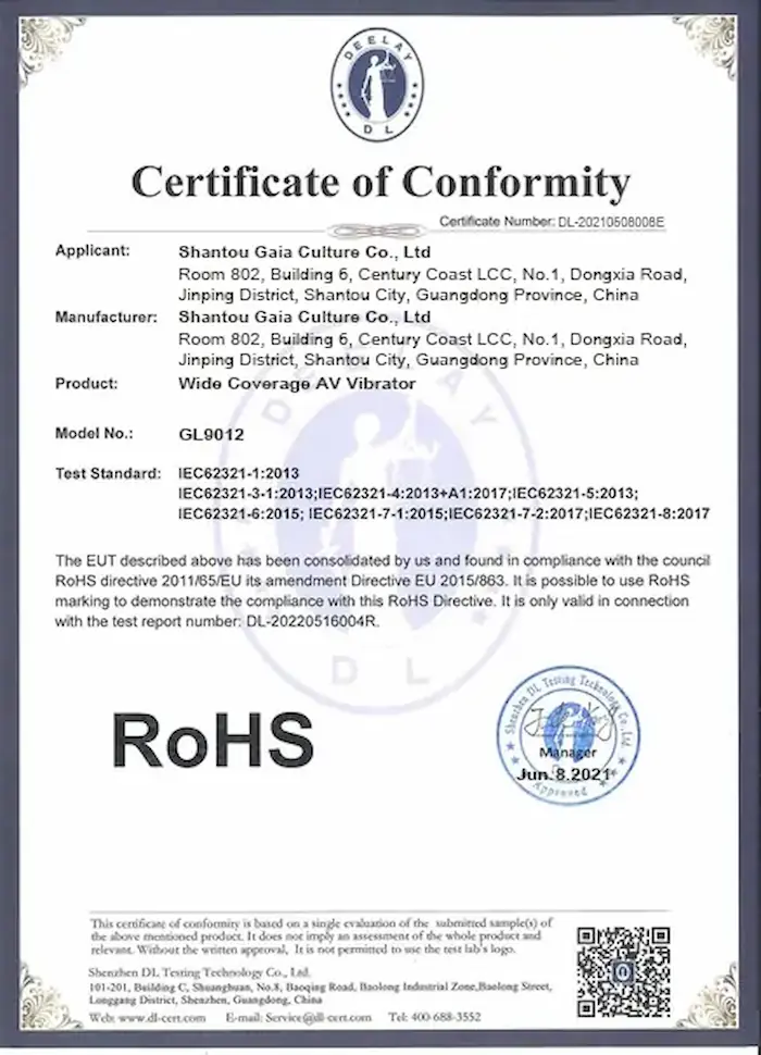 Second edition RoHS certification validating Gaia in Love adult toys & vibrator for female meets advanced environmental standards.