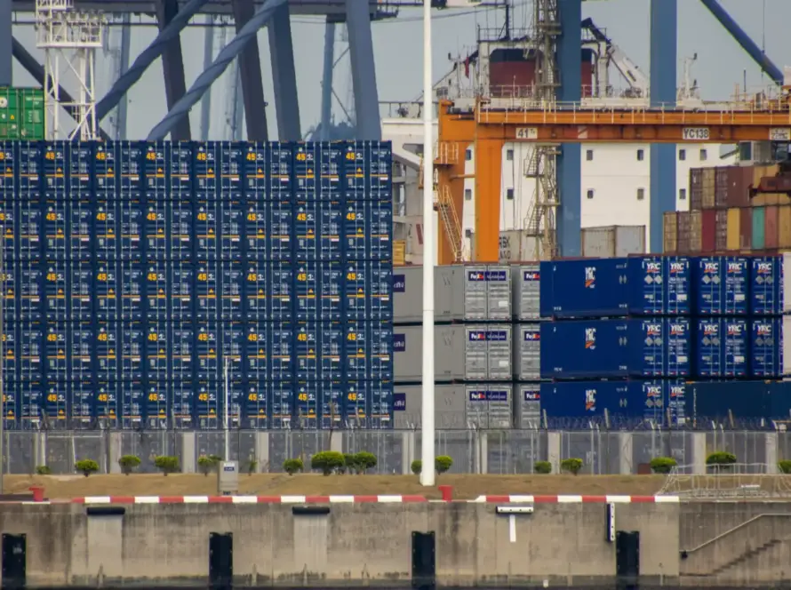 Shipping containers at a busy Chinese port, representing Gaia in Love’s global wholesale adult toy export.