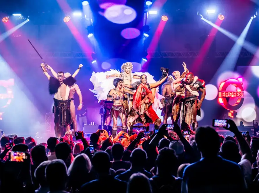 A dynamic stage performance at Erofest featuring costumed artists in an electrifying display of passion and creativity. Gaia in Love embraces the art of sensual entertainment in a spectacular showcase of empowerment and intimacy.