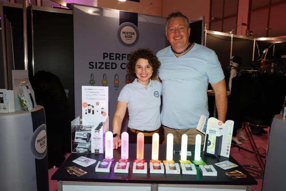 Exhibitors showcasing a range of colorful, perfectly sized adult products at VENUS Berlin 2025.
