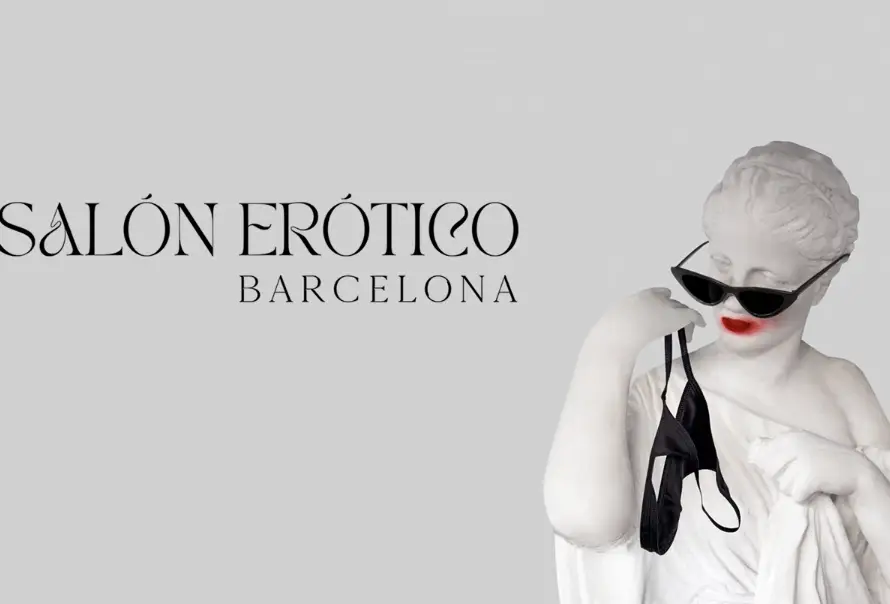 A modern artistic interpretation of sensuality featuring a classical statue wearing sunglasses, holding black lingerie, with red lips. The image represents the bold and playful spirit of Salón Erótico de Barcelona, aligning with Gaia in Love’s vision of empowerment, desire, and erotic expression.