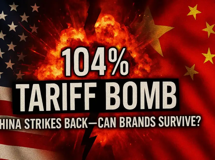 An explosive image of the U.S.–China tariff war, featuring the headline “104% Tariff Bomb” with national flags and flames, symbolizing trade tensions impacting exporters sex toys like Gaia in Love.