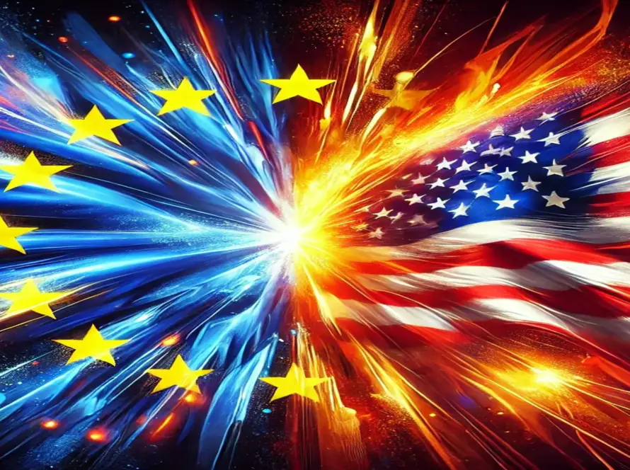 A dynamic and vivid representation of the European Union and United States flags clashing, symbolizing global trade tensions and tariffs. The image represents the ongoing trade disputes between the EU and the US, with Gaia in Love's focus on the challenges and opportunities in global trade.