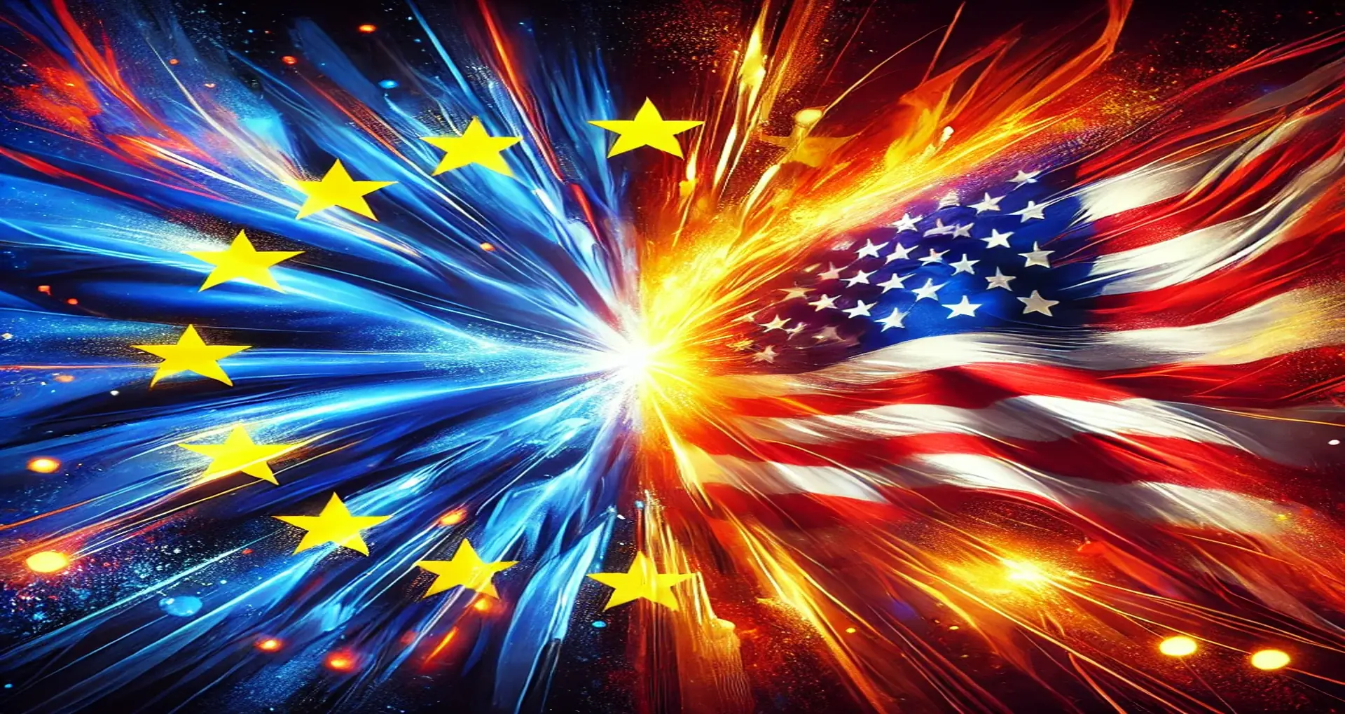 A dynamic and vivid representation of the European Union and United States flags clashing, symbolizing global trade tensions and tariffs. The image represents the ongoing trade disputes between the EU and the US, with Gaia in Love's focus on the challenges and opportunities in global trade.
