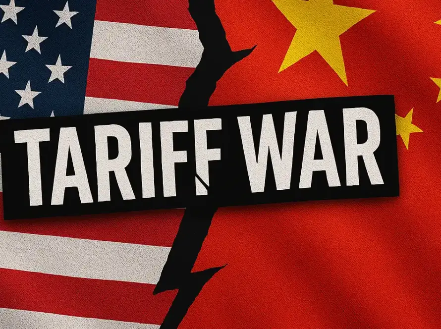 A visual banner showing the U.S.-China tariff war with split flags and bold text, representing how Chinese sex toy brands like Gaia in Love adapt to global supply chain challenges in 2025.