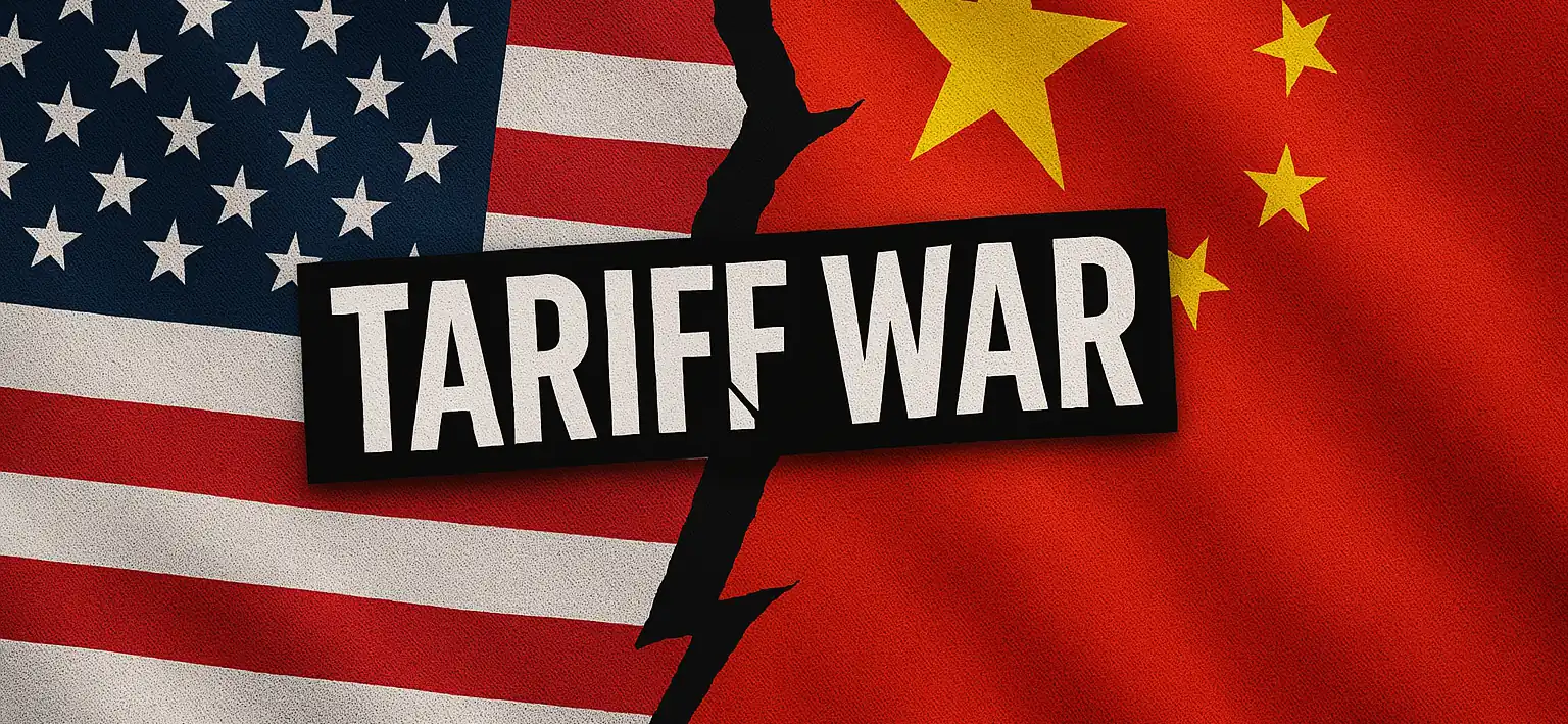 A visual banner showing the U.S.-China tariff war with split flags and bold text, representing how Chinese sex toy brands like Gaia in Love adapt to global supply chain challenges in 2025.