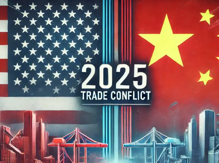 A powerful depiction of the 2025 China-U.S. trade war, showcasing the confrontation between the U.S. and China flags, symbolizing the challenges facing global economies and supply chains. As a global brand, Gaia in Love continues to embrace the value of international cooperation while providing innovative sexual wellness technology products for women worldwide amidst trade barriers.