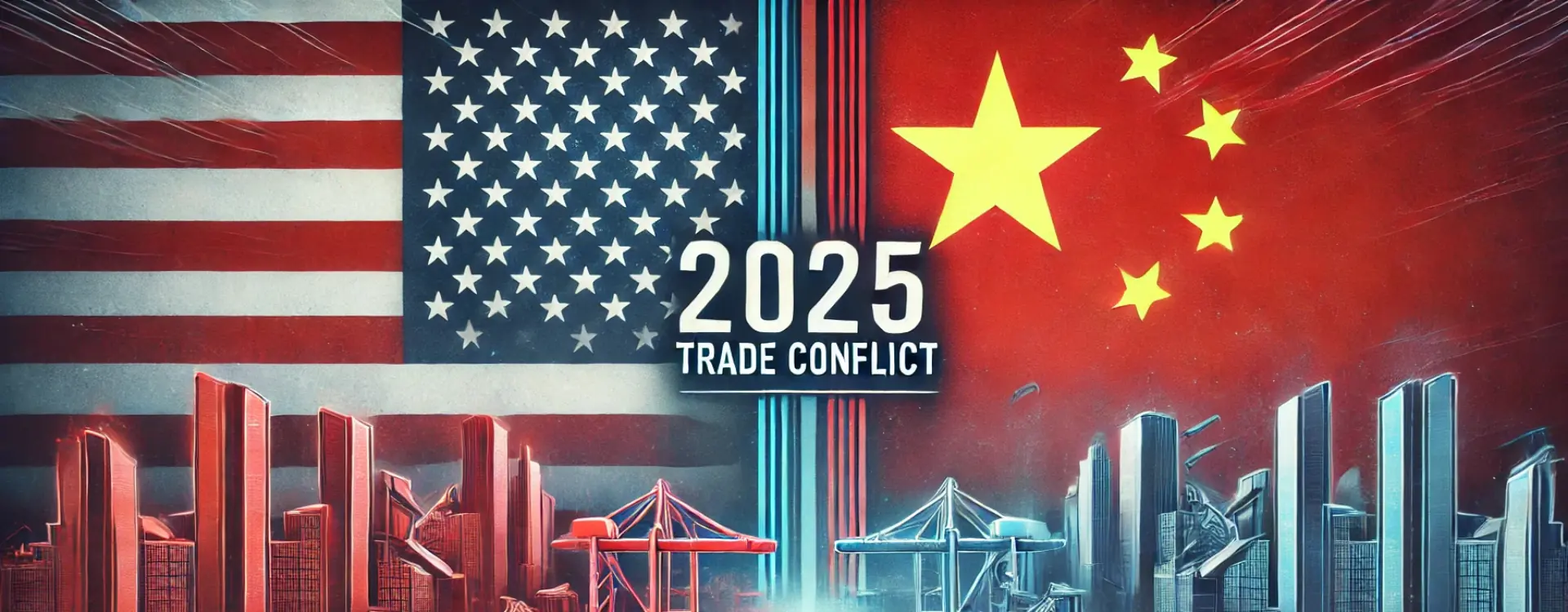 A powerful depiction of the 2025 China-U.S. trade war, showcasing the confrontation between the U.S. and China flags, symbolizing the challenges facing global economies and supply chains. As a global brand, Gaia in Love continues to embrace the value of international cooperation while providing innovative sexual wellness technology products for women worldwide amidst trade barriers.