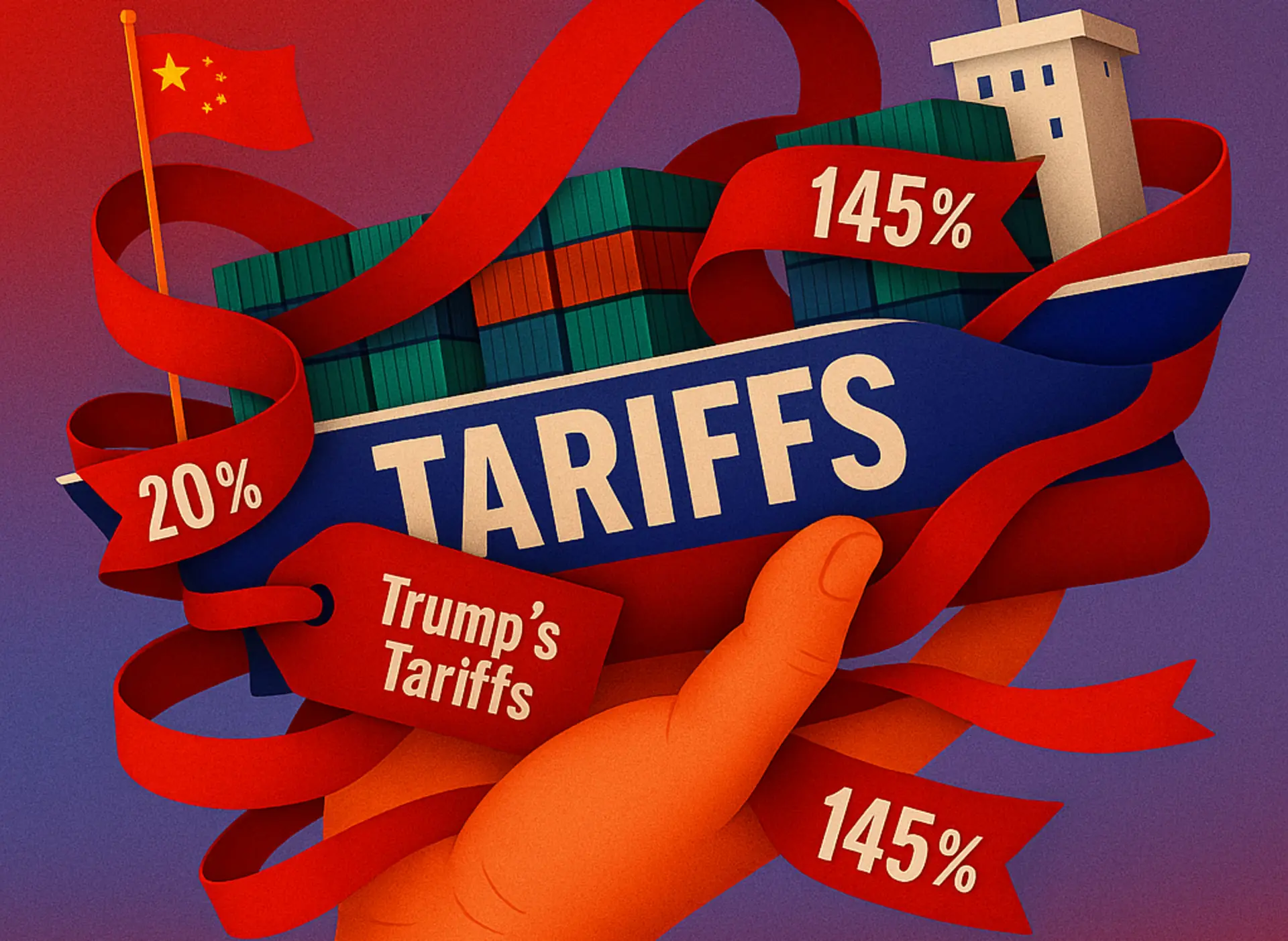 A digital illustration showing a cargo ship wrapped in red tariff ribbons marked with "145%", "20%", and "Trump’s Tariffs," tightly held by a hand. Visualizing the pressure of U.S.-China trade tensions on global supply chains, including the sex toy industry. Gaia in Love stands for stability and cooperation in women’s sexual wellness manufacturing.