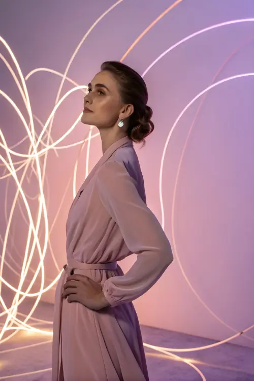 Confident woman in soft lighting with flowing light trails, representing Gaia in Love’s commitment to customer-first service and better sex assurance as a female-led adult toy manufacturer.