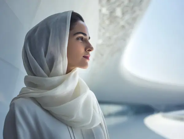 امرأة عربية أنيقة ترتدي حجابًا أبيض شفافًا في ضوء ناعم، تجسد الثقة والجمال والابتكار – Gaia Sex Tech.