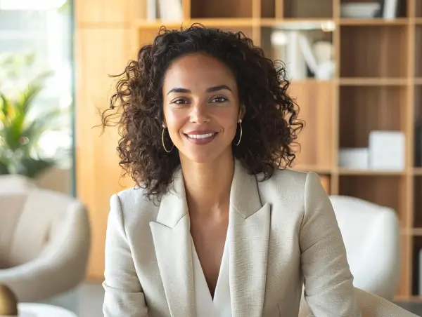 Mulher sorridente em um escritório moderno, representando atendimento profissional e acolhedor.
