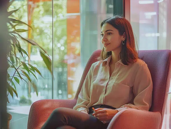 Mujer profesional conversando en una oficina moderna y luminosa, símbolo de confianza, colaboración y crecimiento junto a Gaia Sex Tech.
