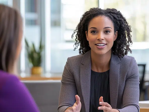 Professional woman having a business conversation in a modern office, representing trust, collaboration, and partnership with Gaia Sex Tech.