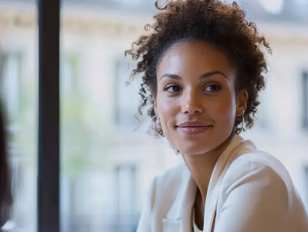 Femme souriante aux cheveux bouclés assise près d’une fenêtre lumineuse, vêtue d’une veste claire dans un cadre professionnel moderne.