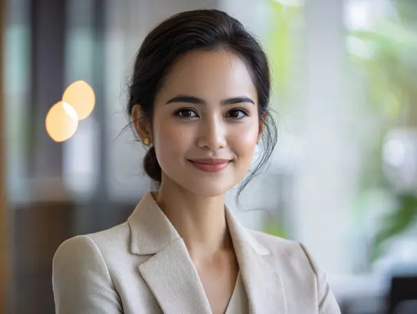 Seorang wanita muda tersenyum di kantor modern.