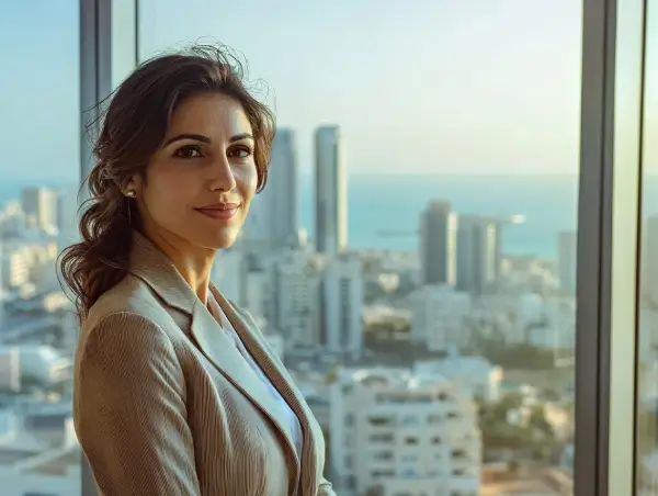 אשת עסקים עומדת ליד חלון עם נוף עירוני מודרני ונוף לים, מבטה בטוח ומקצועי