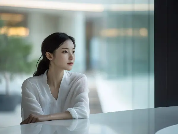사무실 창가에서 생각에 잠긴 여성, Gaia Sex Tech의 전문적이고 차분한 브랜드 이미지를 표현