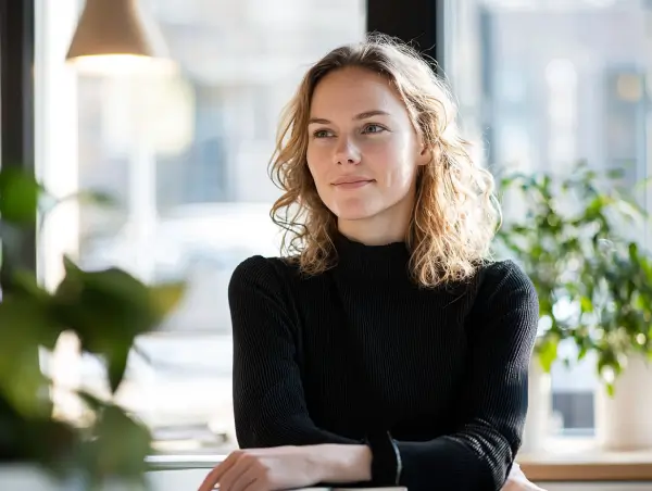 Een jonge vrouw met blond krullend haar zit ontspannen aan een tafel in een lichte, moderne kantoorruimte, met groene planten op de achtergrond.