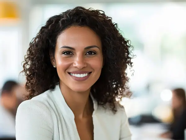 Mulher confiante sorrindo em um ambiente de trabalho, simbolizando profissionalismo e proximidade.