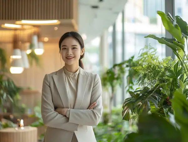 Một phụ nữ trẻ mặc vest đang mỉm cười trong văn phòng hiện đại có nhiều cây xanh.
