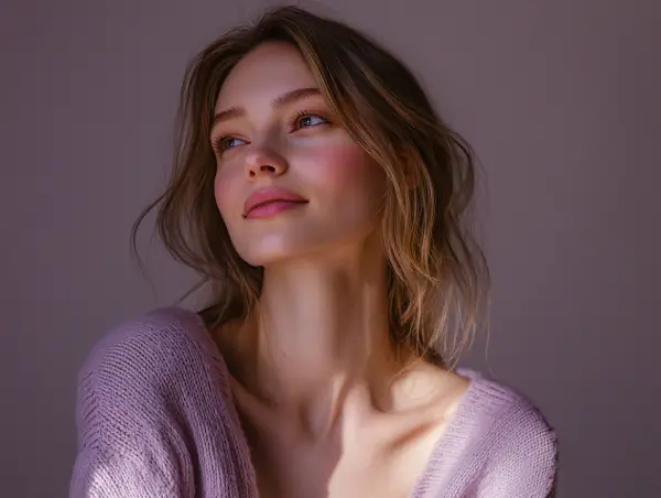 Porträt einer eleganten europäischen Frau im sanften Licht, Symbol für Vertrauen, Innovation und Weiblichkeit – Gaia Sex Tech.
