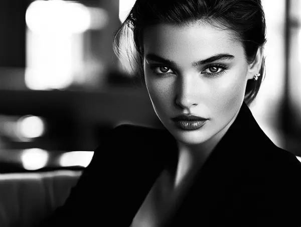 Black and white portrait of a confident young woman in a tailored suit, symbolizing elegance, empowerment and professionalism – Gaia Sex Tech.