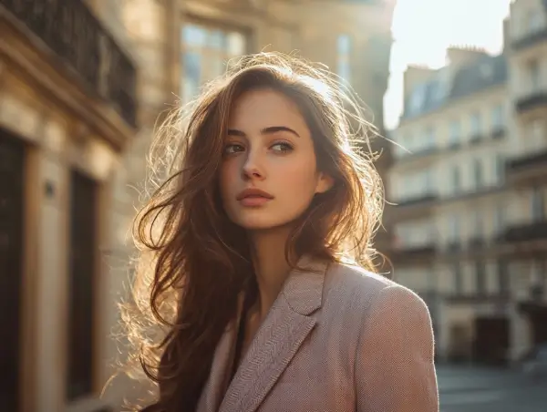 Jeune femme élégante aux cheveux châtains ondulés marchant dans une rue parisienne baignée de lumière dorée, portant un blazer beige chic.