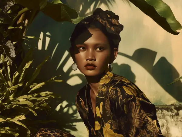 Wanita mengenakan pakaian batik tradisional duduk di bawah bayangan daun tropis.