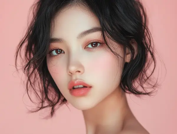 柔らかなピンクの背景で微笑むショートヘアの日本人女性。上品さと自信を表現するポートレート – Gaia Sex Tech.