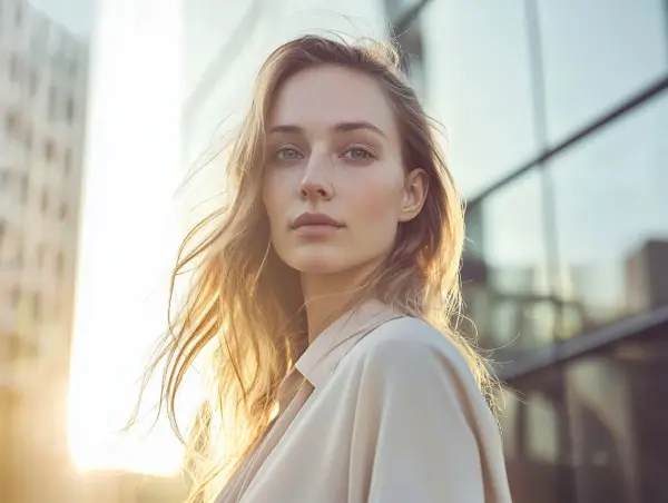 Een jonge vrouw met blond haar kijkt rustig in de camera, met zacht zonlicht op de achtergrond van moderne glazen gebouwen.