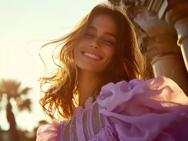 Mulher sorridente vestindo um vestido lilás sob a luz do pôr do sol, transmitindo alegria e confiança.