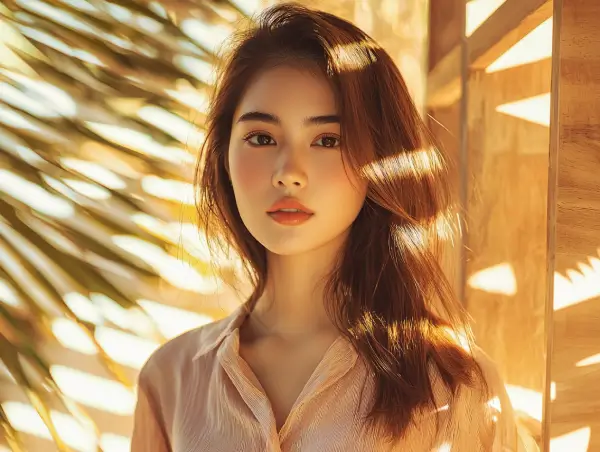 หญิงสาวชาวเอเชียยืนอยู่ใต้แสงแดดอ่อนข้างต้นปาล์ม บรรยากาศอบอุ่นและเป็นธรรมชาติ สื่อถึงเสน่ห์ ความมั่นใจ และความงามแบบธรรมชาติ