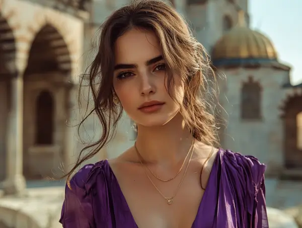 Mor elbisesiyle tarihi bir yapının önünde duran zarif kadın, kameraya bakıyor.