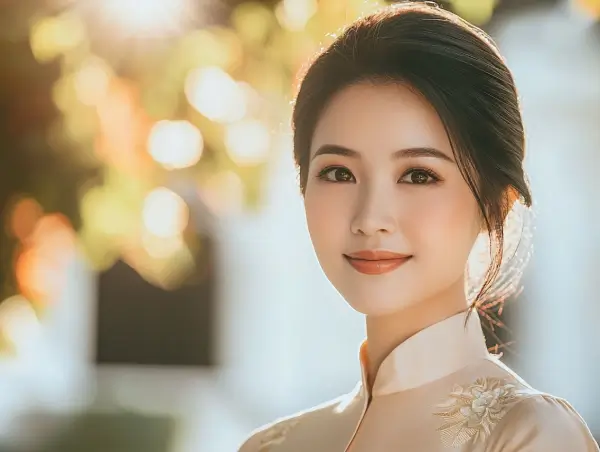 Một phụ nữ trẻ mặc áo dài truyền thống mỉm cười dưới ánh nắng.