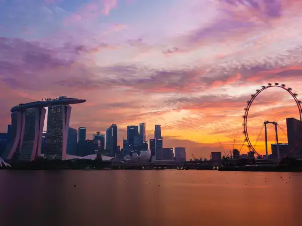 Singapore cityscape at dusk over Marina Bay, symbolising Gaia Sex Tech’s connection with innovative brands in Singapore.