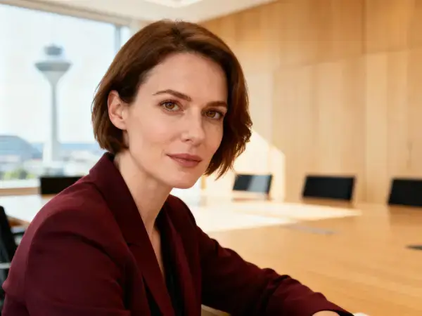 Österreichische Businessfrau in modernem Konferenzraum – symbolisiert professionelle B2B-Sextoy-Lösungen und partnerschaftliche Zusammenarbeit mit Gaia Sex Tech.