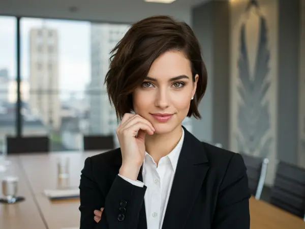 Jeune responsable commerciale belge en tailleur noir dans une salle de réunion moderne, prête à accompagner votre marque de sextoys avec Gaia Sex Tech.